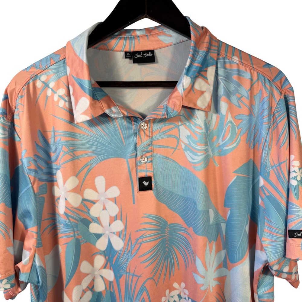 Bad Birdie Polo Shirt‎ XL Tropical Floral Golf Coral Blue Performance Stretch - Picture 2 of 11